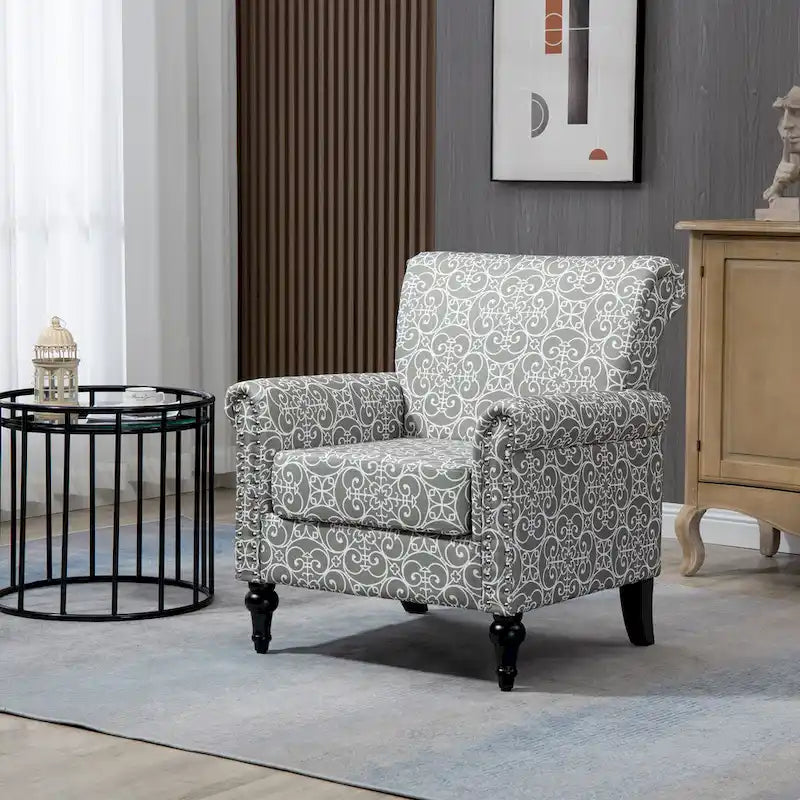 Mid-Century Modern Accent Chair, Linen Armchair w/Tufted Back/Wood Legs