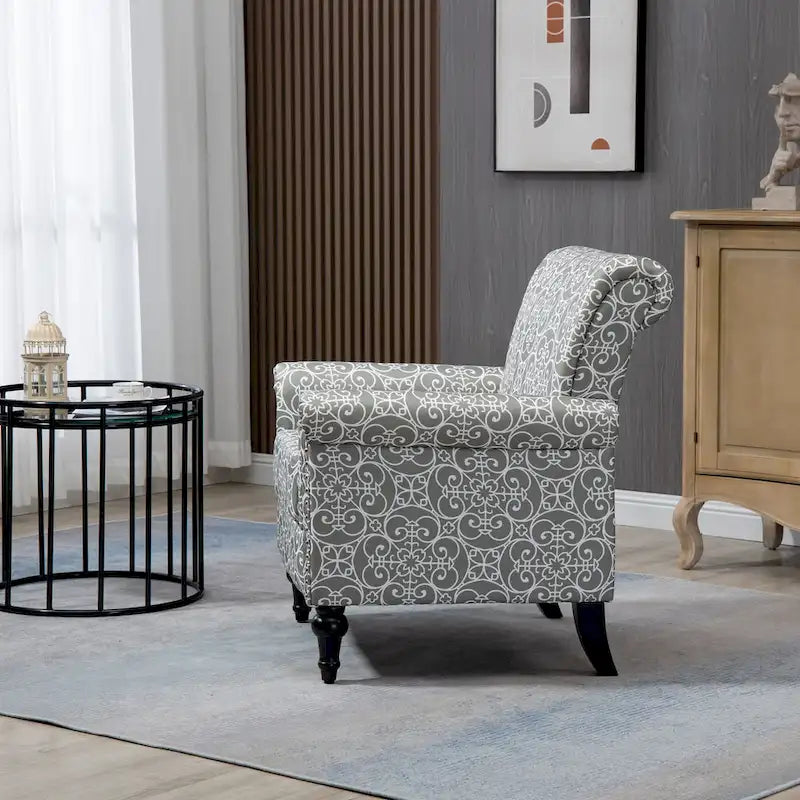 Mid-Century Modern Accent Chair, Linen Armchair w/Tufted Back/Wood Legs