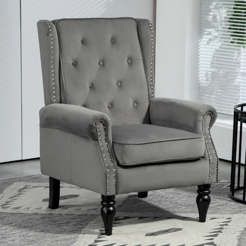 Sillón con brazos de estilo moderno de mediados de siglo, tapizado de terciopelo y cuero, con estructura de madera capitoné