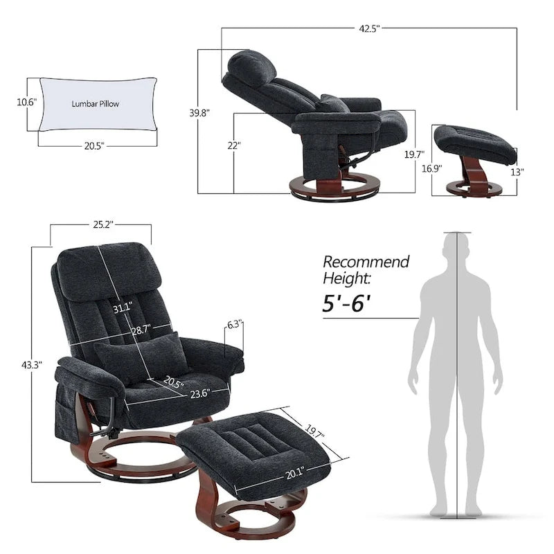 MCombo draaibare relaxfauteuil met voetenbank, comfortabele bureaustoel, ergonomische loungestoel, chenillestof 4687
