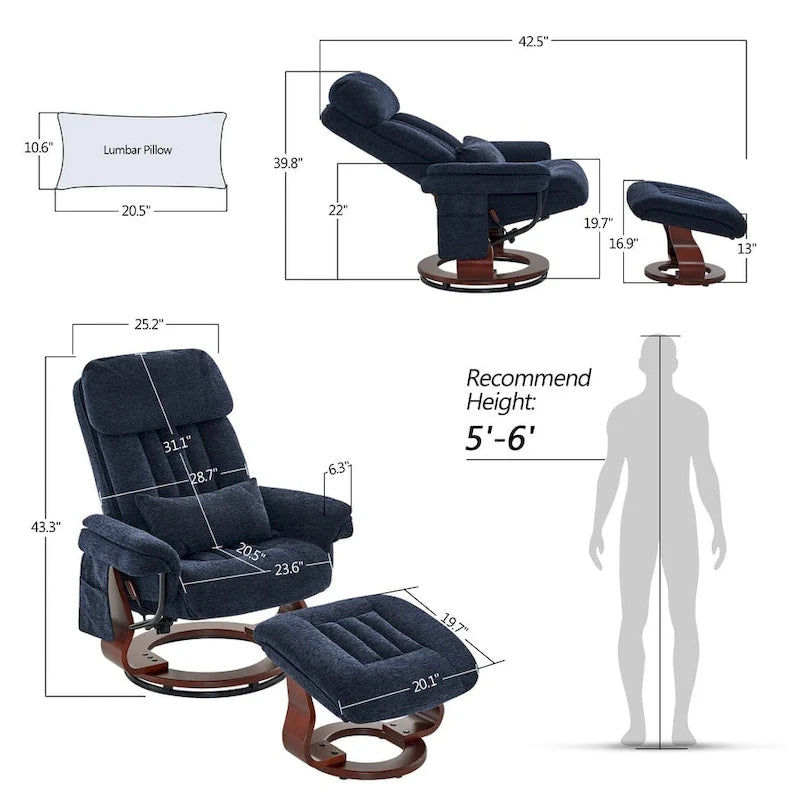 MCombo draaibare relaxfauteuil met voetenbank, comfortabele bureaustoel, ergonomische loungestoel, chenillestof 4687