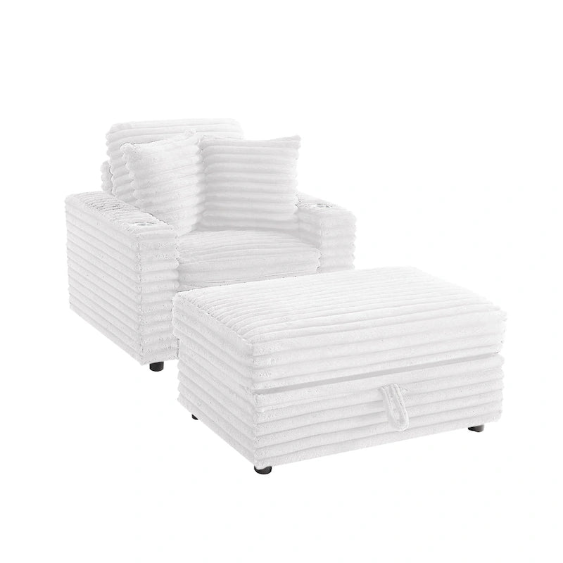 Oversized Cotton Flannel Chaise Longue with Storage Ottoman