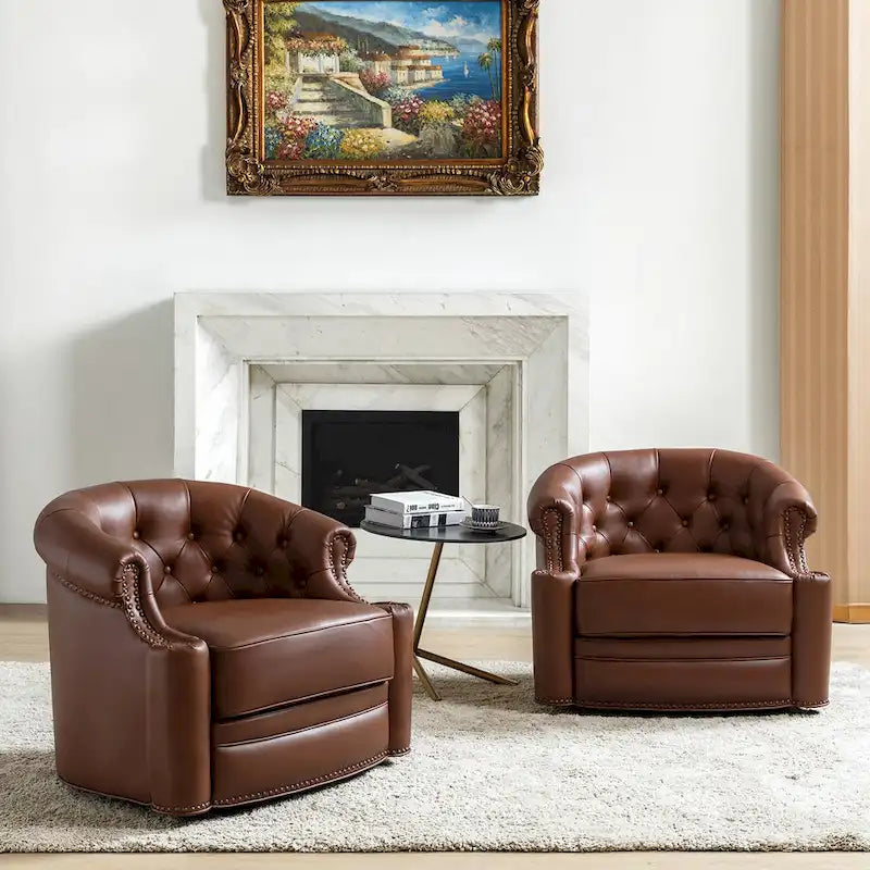 Felipe Modern Genuine Leather Swivel Chair With Tufted Back Set of 2 By HULALA HOME