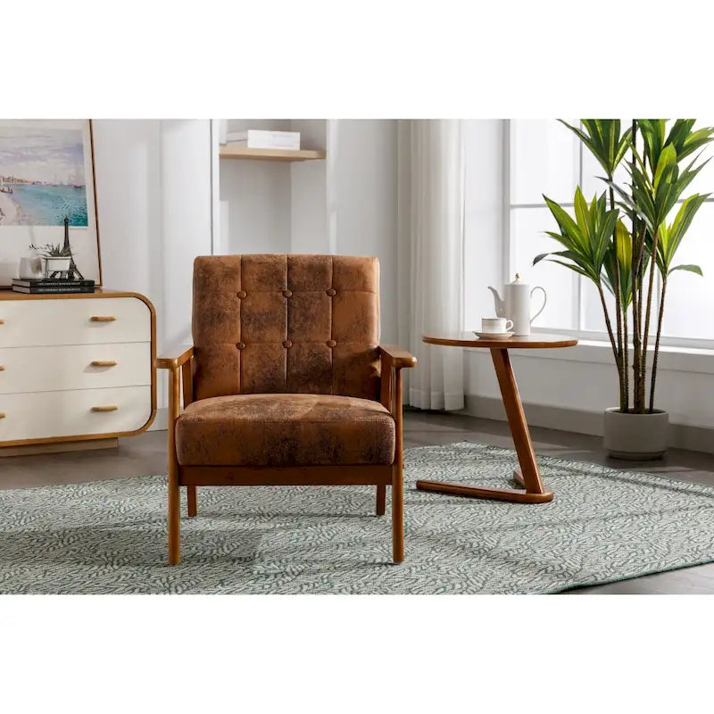Sillón decorativo tapizado de lino/cuero sintético con capitonado para sala de estar o dormitorio y patas de madera