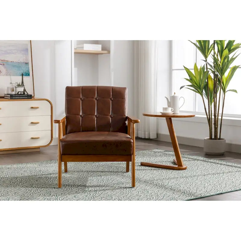 Sillón decorativo tapizado de lino/cuero sintético con capitonado para sala de estar o dormitorio y patas de madera