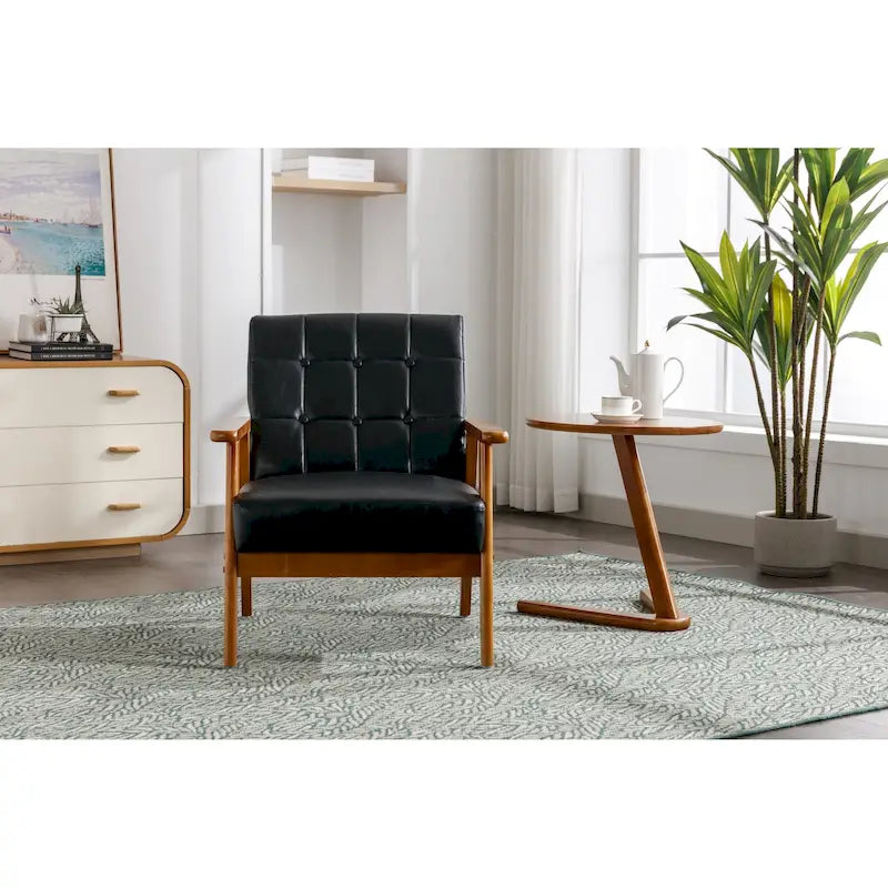 Sillón decorativo tapizado de lino/cuero sintético con capitonado para sala de estar o dormitorio y patas de madera