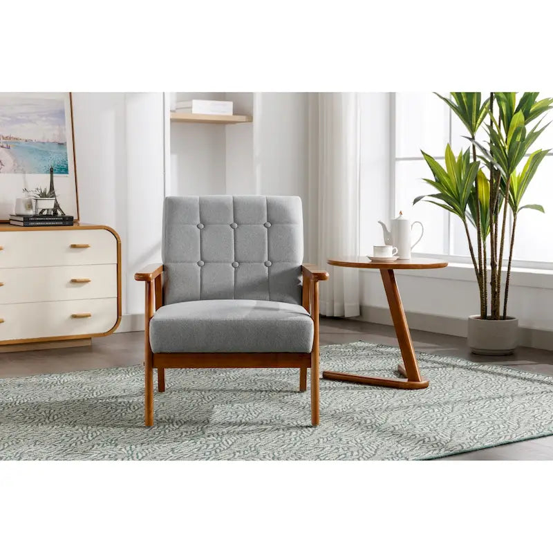 Sillón decorativo tapizado de lino/cuero sintético con capitonado para sala de estar o dormitorio y patas de madera