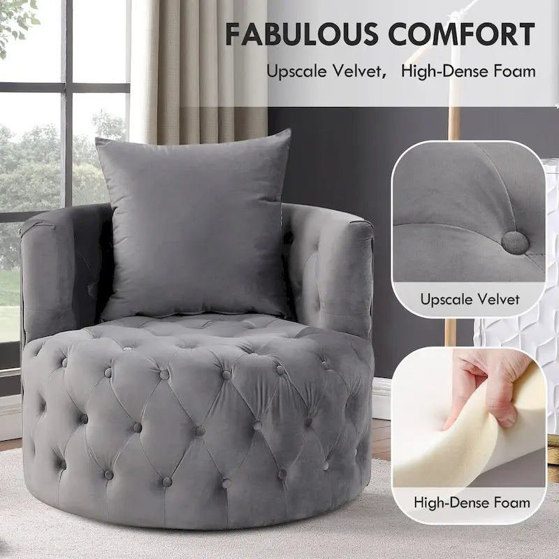 360 Degree Swivel Armchair, Modern Velvet Barrel Chair with one pillow, Oversized Round Accent Chair by Morden Fort