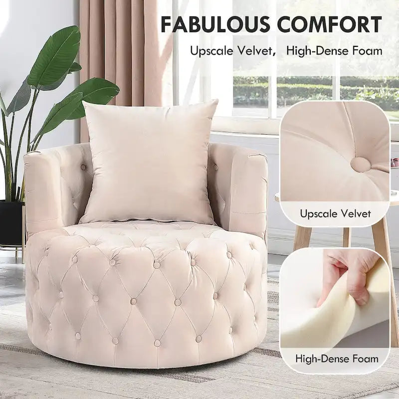 360 Degree Swivel Armchair, Modern Velvet Barrel Chair with one pillow, Oversized Round Accent Chair by Morden Fort