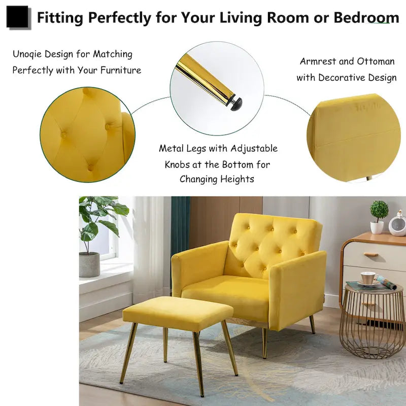 Velvet Accent Chair with Adjustable Armrests and Backrest, Button Tufted Lounge Chair, Single Recliner Armchair with Ottoman