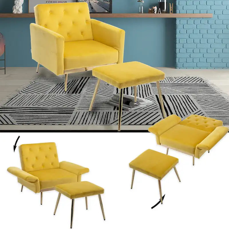 Velvet Accent Chair with Adjustable Armrests and Backrest, Button Tufted Lounge Chair, Single Recliner Armchair with Ottoman