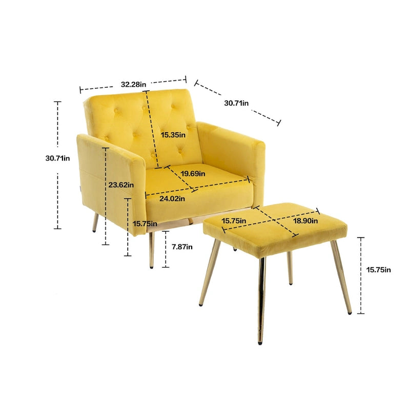 Velvet Accent Chair with Adjustable Armrests and Backrest, Button Tufted Lounge Chair, Single Recliner Armchair with Ottoman