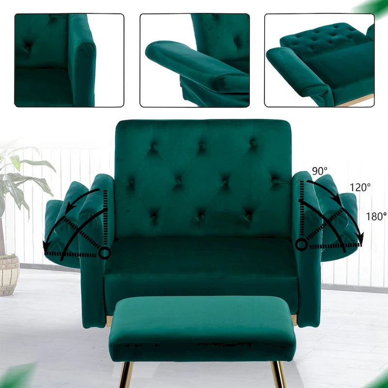 Velvet Accent Chair with Adjustable Armrests and Backrest, Button Tufted Lounge Chair, Single Recliner Armchair with Ottoman