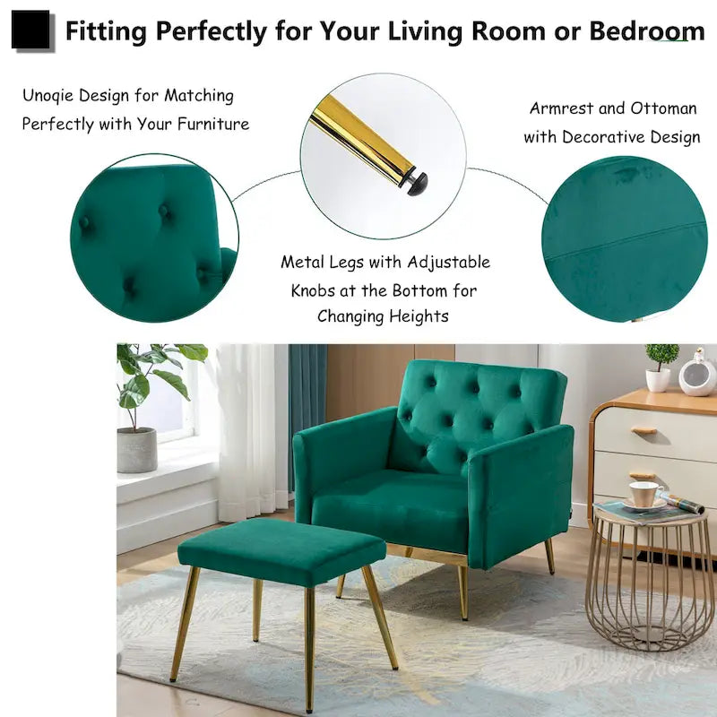 Velvet Accent Chair with Adjustable Armrests and Backrest, Button Tufted Lounge Chair, Single Recliner Armchair with Ottoman