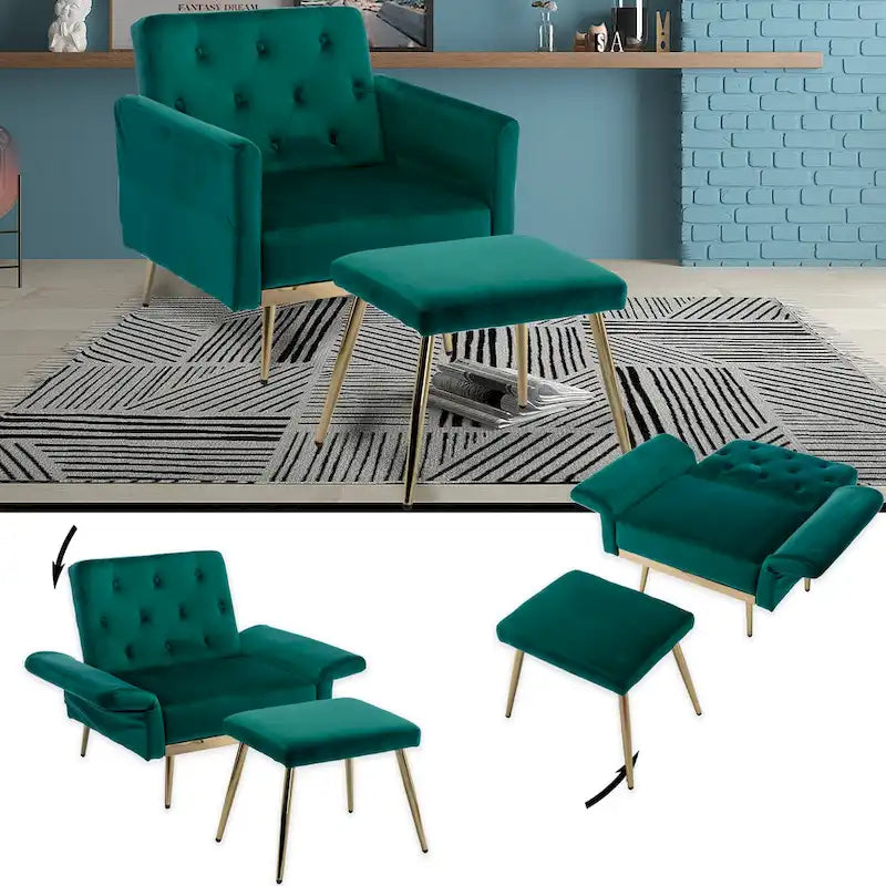 Velvet Accent Chair with Adjustable Armrests and Backrest, Button Tufted Lounge Chair, Single Recliner Armchair with Ottoman