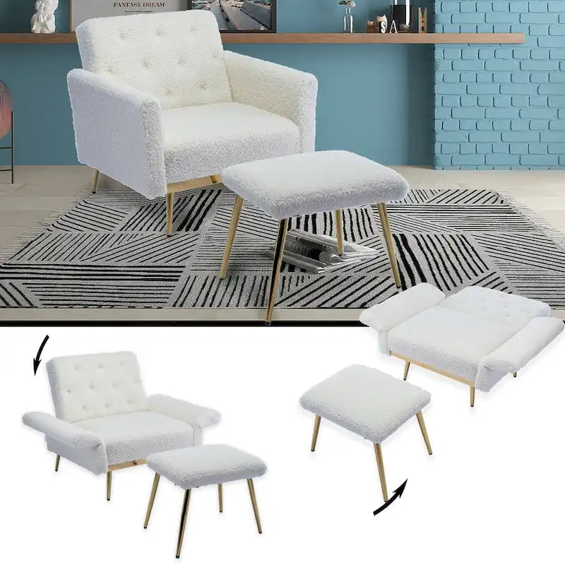 Velvet Accent Chair with Adjustable Armrests and Backrest, Button Tufted Lounge Chair, Single Recliner Armchair with Ottoman