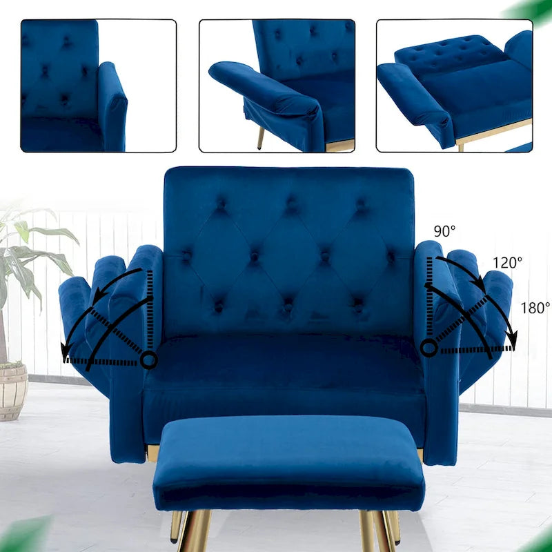 Velvet Accent Chair with Adjustable Armrests and Backrest, Button Tufted Lounge Chair, Single Recliner Armchair with Ottoman