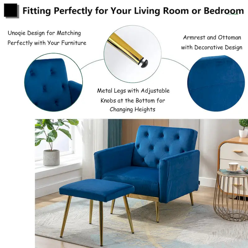 Velvet Accent Chair with Adjustable Armrests and Backrest, Button Tufted Lounge Chair, Single Recliner Armchair with Ottoman