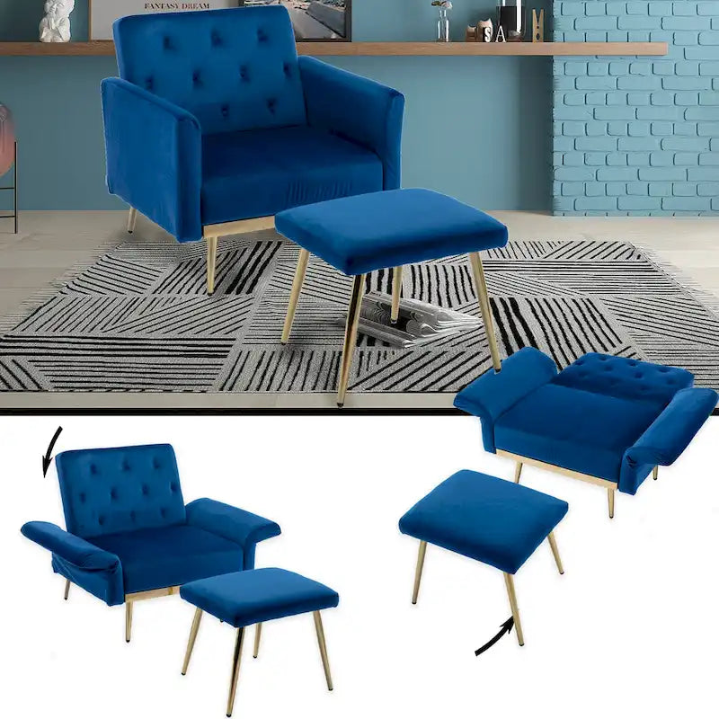 Velvet Accent Chair with Adjustable Armrests and Backrest, Button Tufted Lounge Chair, Single Recliner Armchair with Ottoman
