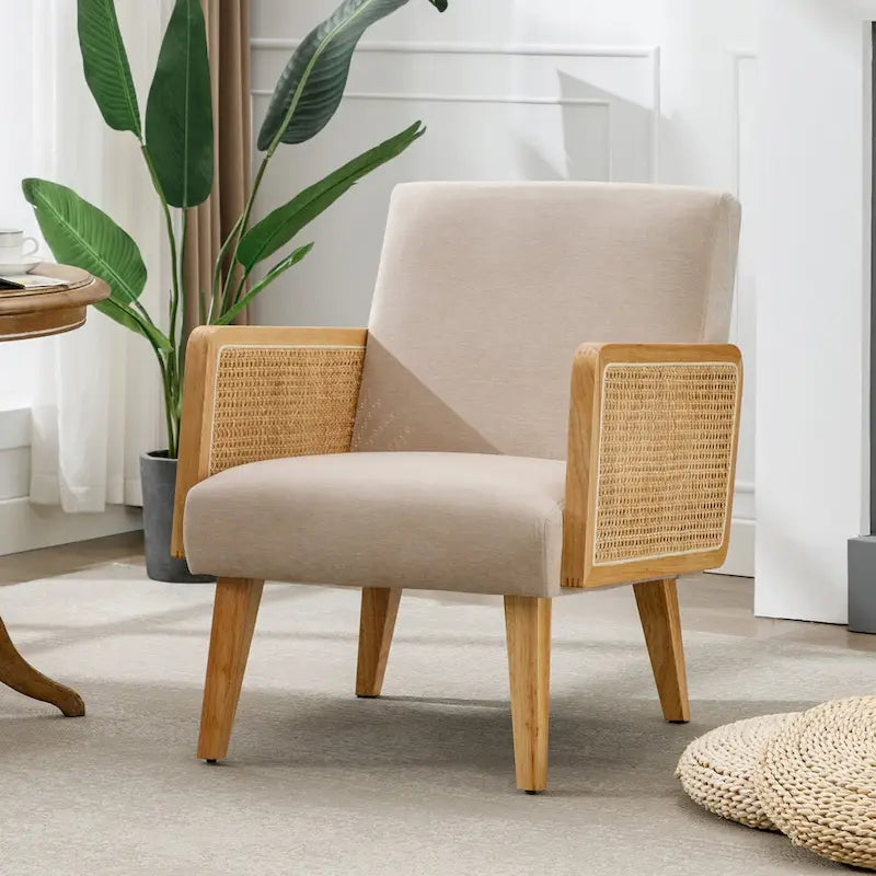 Rattan Armrest Fabric Upholstered Accent Chair