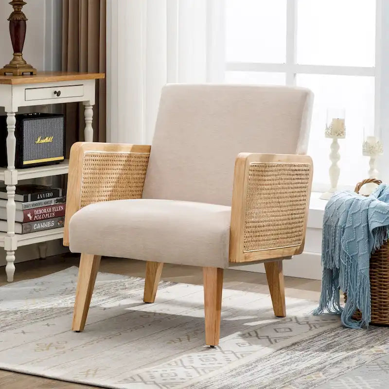 Rattan Armrest Fabric Upholstered Accent Chair
