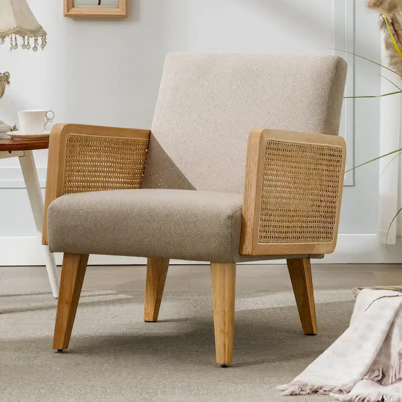 Rattan Armrest Fabric Upholstered Accent Chair