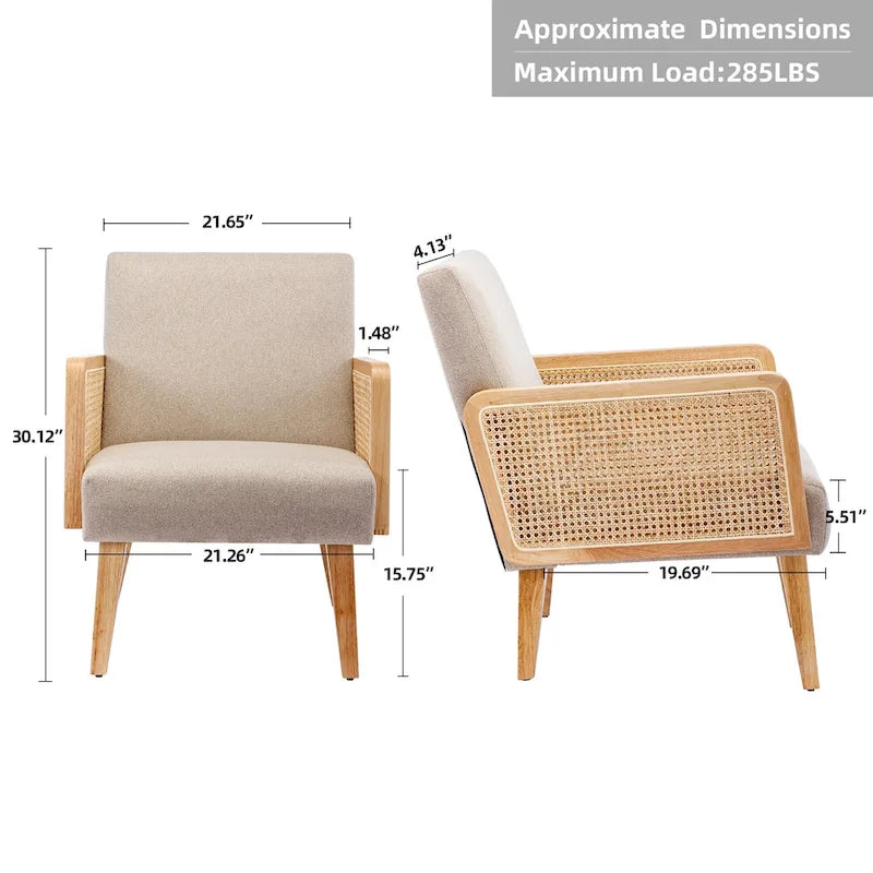Rattan Armrest Fabric Upholstered Accent Chair