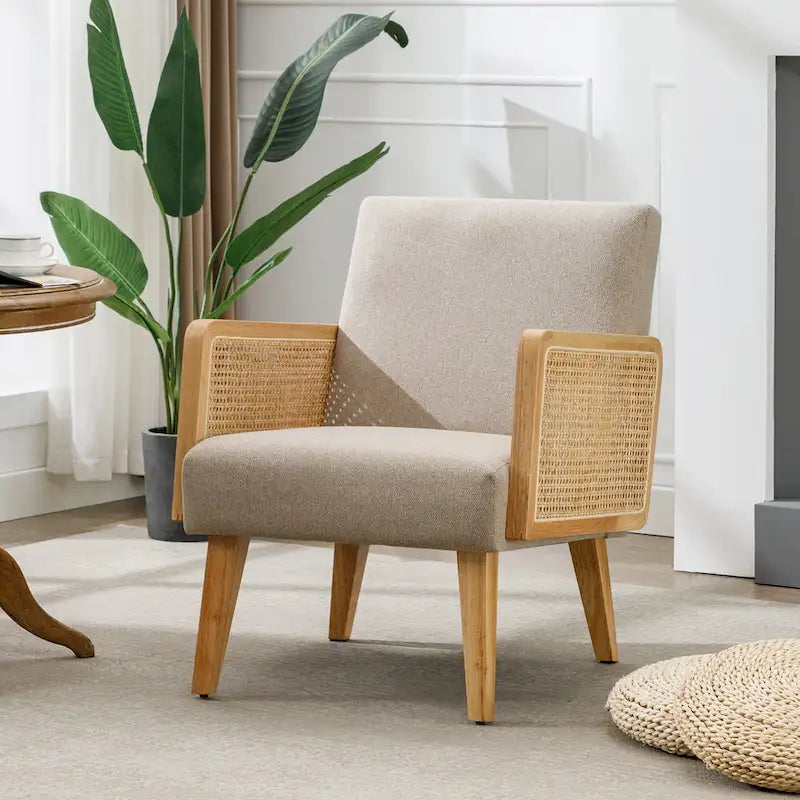 Rattan Armrest Fabric Upholstered Accent Chair