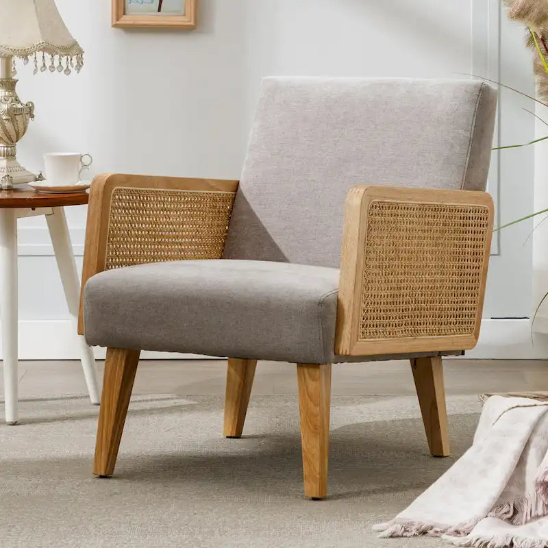 Rattan Armrest Fabric Upholstered Accent Chair