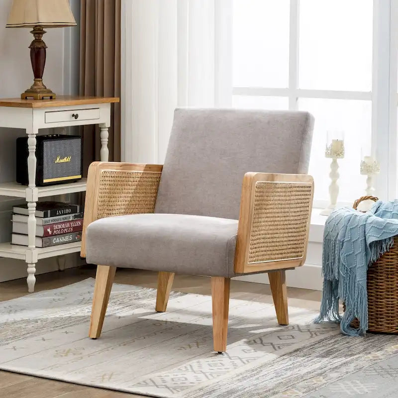 Rattan Armrest Fabric Upholstered Accent Chair