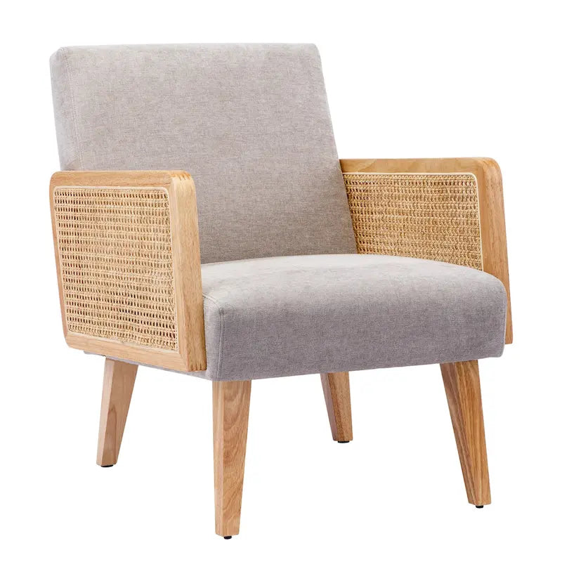 Rattan Armrest Fabric Upholstered Accent Chair