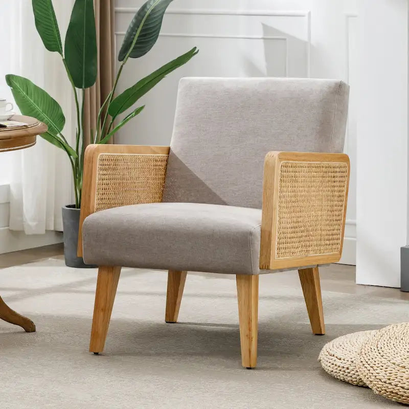 Rattan Armrest Fabric Upholstered Accent Chair