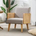 Rattan Armrest Fabric Upholstered Accent Chair