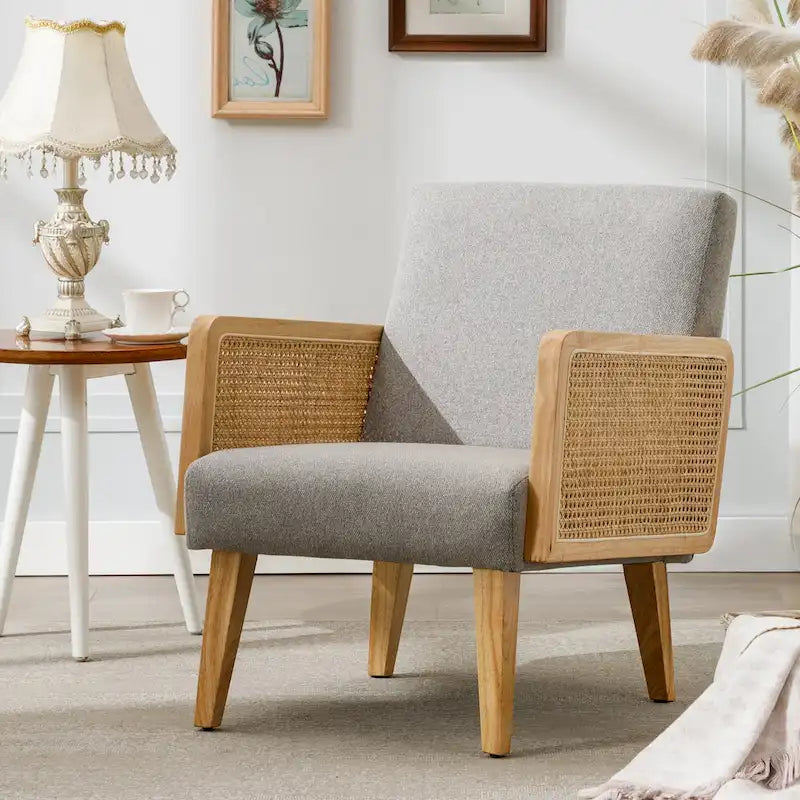 Rattan Armrest Fabric Upholstered Accent Chair