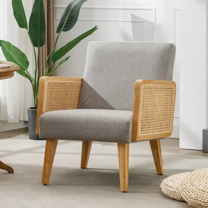 Rattan Armrest Fabric Upholstered Accent Chair