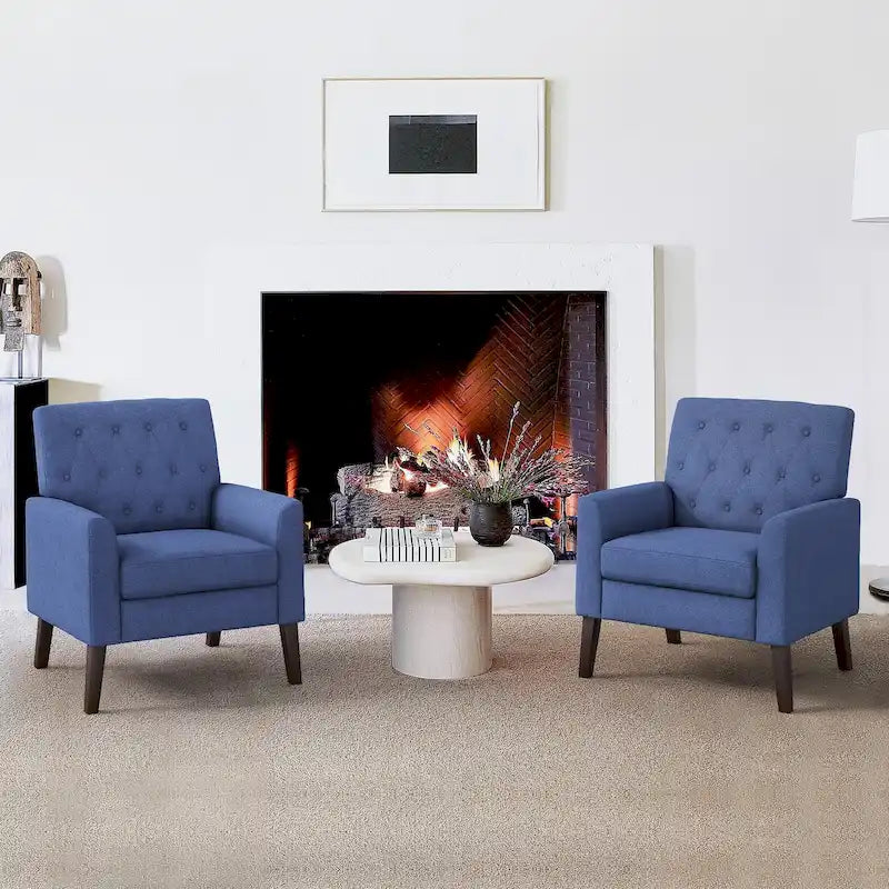 LUE BONA Leinenstuhl mit Walnussbeinen im modernen Mid-Century-Stil, mit Knopfheftung (2er-Set) – 33.86 H X 27.95 W X 29.53 D