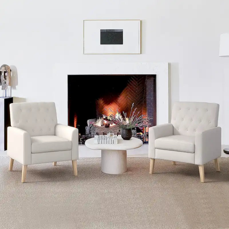 Sillón decorativo LUE BONA de lino con patas de nogal, moderno de mediados de siglo, con botones capitoné (juego de 2) - 33.86 H X 27.95 W X 29.53 D