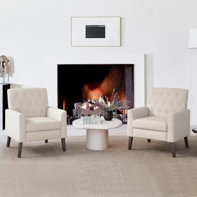 Sillón decorativo LUE BONA de lino con patas de nogal, moderno de mediados de siglo, con botones capitoné (juego de 2) - 33.86 H X 27.95 W X 29.53 D