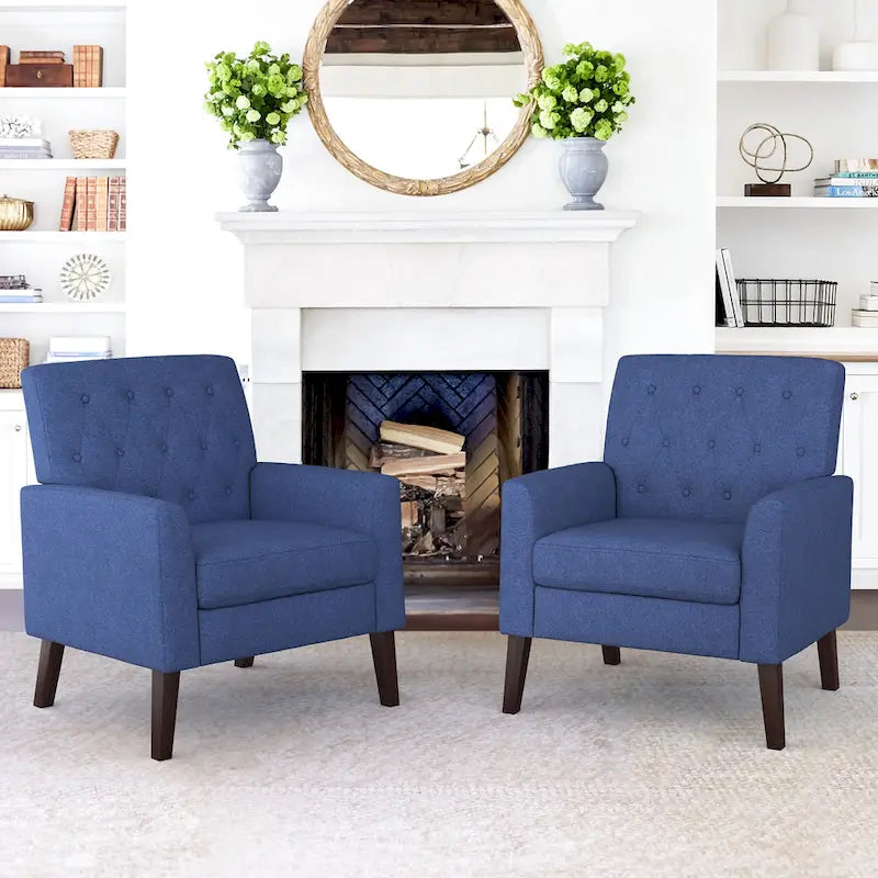 LUE BONA Leinenstuhl mit Walnussbeinen im modernen Mid-Century-Stil, mit Knopfheftung (2er-Set) – 33.86 H X 27.95 W X 29.53 D