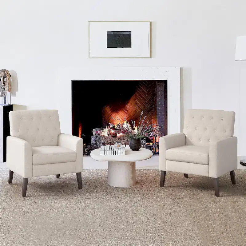 LUE BONA Leinenstuhl mit Walnussbeinen im modernen Mid-Century-Stil, mit Knopfheftung (2er-Set) – 33.86 H X 27.95 W X 29.53 D
