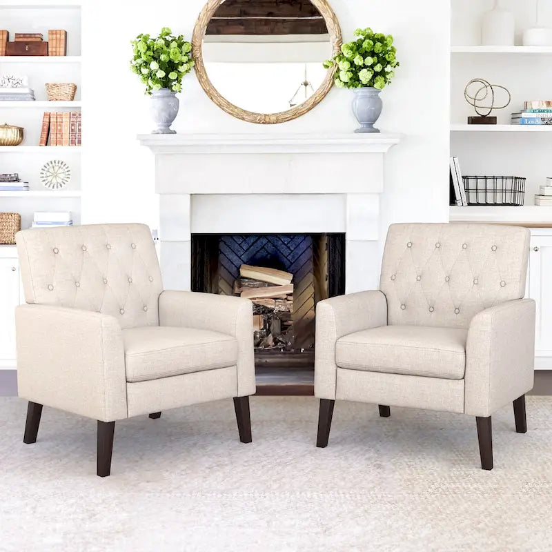 LUE BONA Leinenstuhl mit Walnussbeinen im modernen Mid-Century-Stil, mit Knopfheftung (2er-Set) – 33.86 H X 27.95 W X 29.53 D
