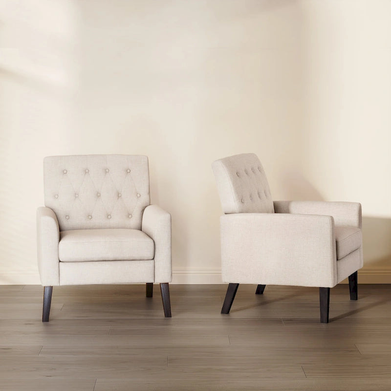 LUE BONA Leinenstuhl mit Walnussbeinen im modernen Mid-Century-Stil, mit Knopfheftung (2er-Set) – 33.86 H X 27.95 W X 29.53 D