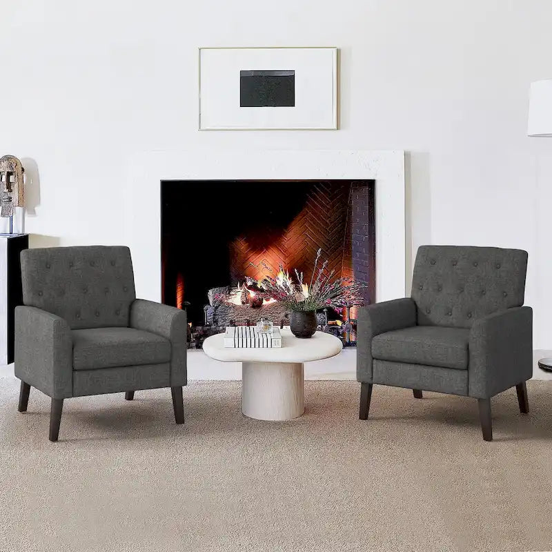 LUE BONA Leinenstuhl mit Walnussbeinen im modernen Mid-Century-Stil, mit Knopfheftung (2er-Set) – 33.86 H X 27.95 W X 29.53 D