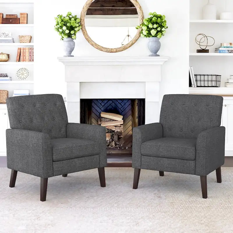 LUE BONA Leinenstuhl mit Walnussbeinen im modernen Mid-Century-Stil, mit Knopfheftung (2er-Set) – 33.86 H X 27.95 W X 29.53 D
