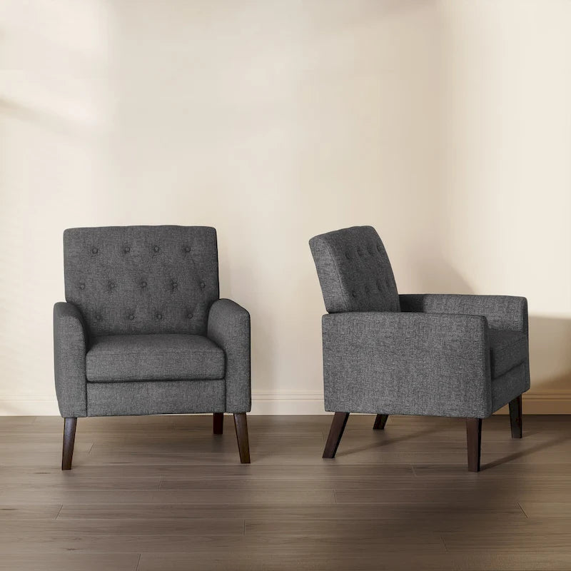 LUE BONA Leinenstuhl mit Walnussbeinen im modernen Mid-Century-Stil, mit Knopfheftung (2er-Set) – 33.86 H X 27.95 W X 29.53 D