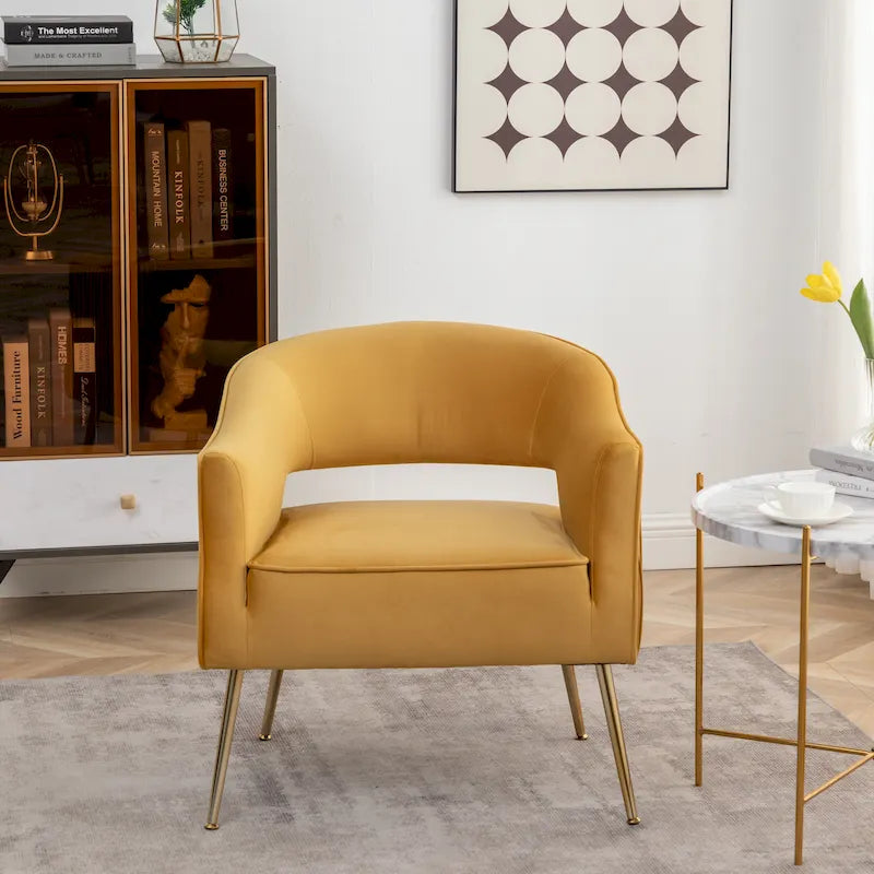 Sillón decorativo moderno de terciopelo SEYNAR con brazos, para tocador, respaldo alado y patas doradas, para sala de estar