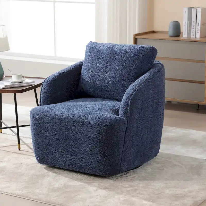 Boucle Fabric Upholstered Swivel Barrel Armchair With Pillow