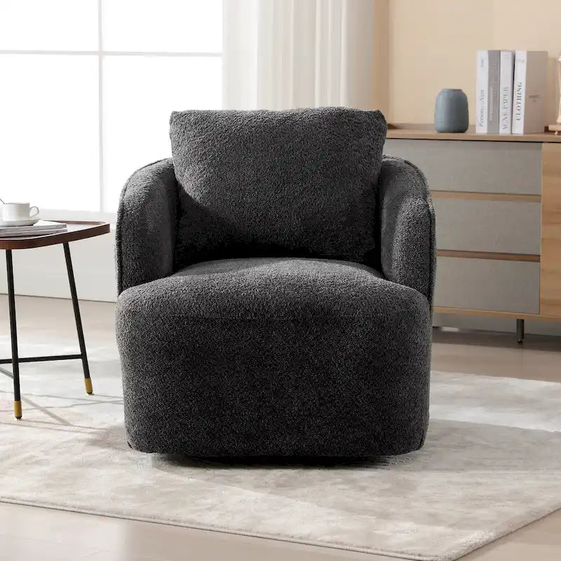 Boucle Fabric Upholstered Swivel Barrel Armchair With Pillow