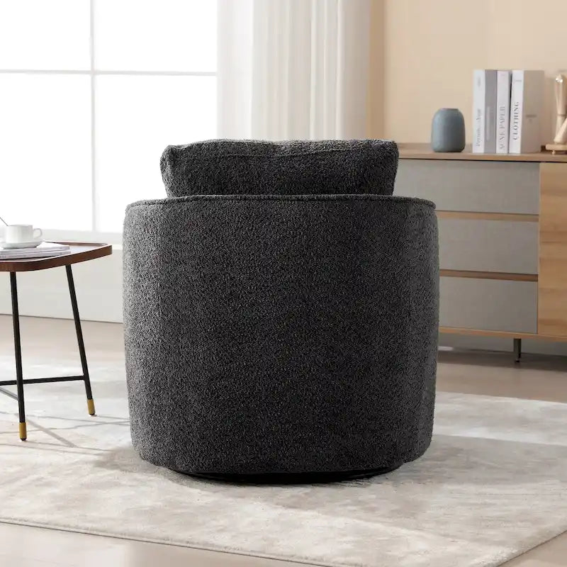 Boucle Fabric Upholstered Swivel Barrel Armchair With Pillow
