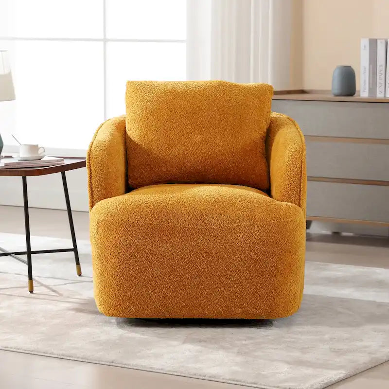 Boucle Fabric Upholstered Swivel Barrel Armchair With Pillow